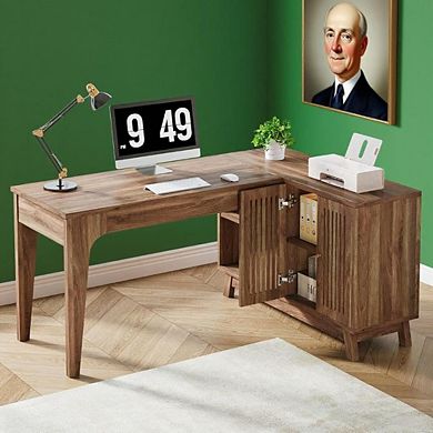 L-Shaped Home Office Desk with Open Shelves and Side Cabinet, Corner Computer Table