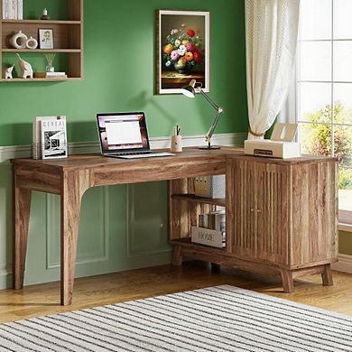 L-Shaped Home Office Desk with Open Shelves and Side Cabinet, Corner Computer Table