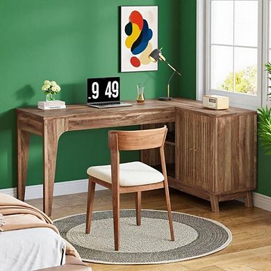 L-Shaped Home Office Desk with Open Shelves and Side Cabinet, Corner Computer Table