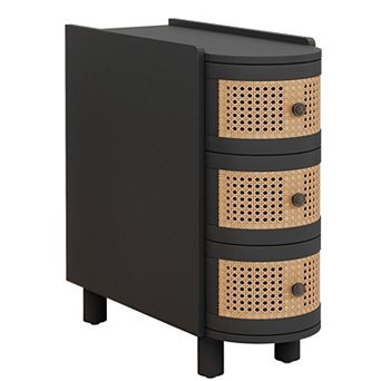End Table with 3 Rattan Drawers and Metal Handles for Living Room or Bedroom