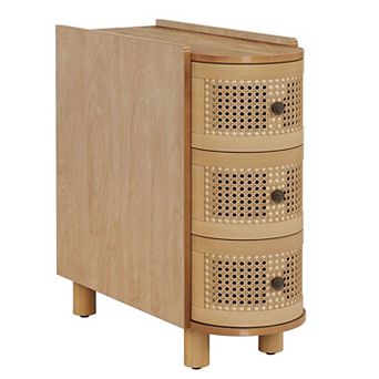 End Table with 3 Rattan Drawers and Metal Handles for Living Room or Bedroom