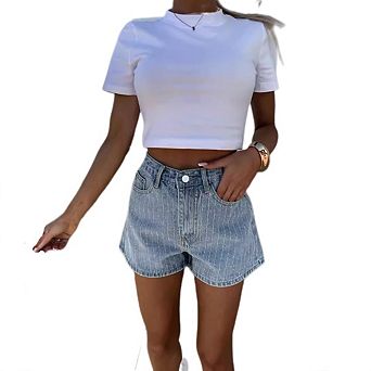 Women's A Line Hing Waist Denim Shorts Rhinestone Embellished Streetwear Leg Shorts for Summer