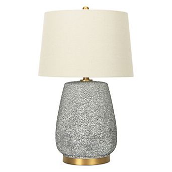 Hello Honey Textured Stoneware Table Lamp with Gold Accents and Linen Shade, Blue and Gold