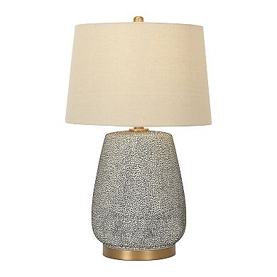 Hello Honey Textured Stoneware Table Lamp with Gold Accents and Linen Shade, Blue and Gold