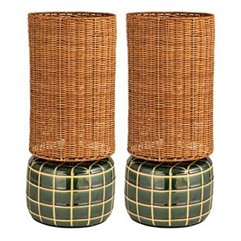 Hello Honey Ceramic Tiled Table Lamp with Rattan Shade, Green and Natural, Set of 2
