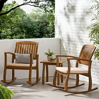 Patio Furniture Set 2 Rocking Chair with Side Table Acacia Wood with Beige Cushions