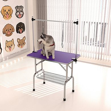 IFMALL 42 Inch Folding Pet Grooming Table with Adjustable Arm and Storage