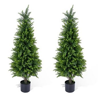 Artificial Cedar Topiary Trees in Pots, Set of 2 Faux Evergreen Outdoor Plants for Porch Patio