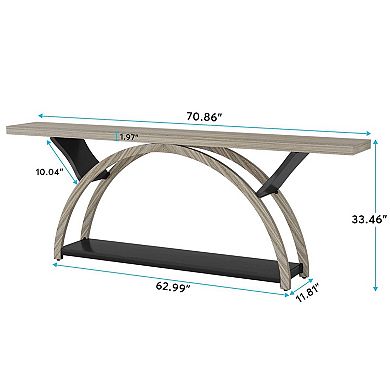 Long Hallway Console Table with 2-Tier Storage, Wood Grain Top & Metal Base Sofa Table