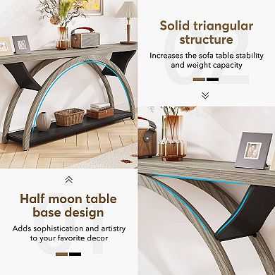 Long Hallway Console Table with 2-Tier Storage, Wood Grain Top & Metal Base Sofa Table