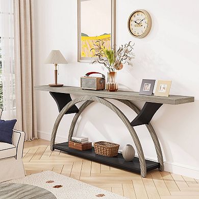 Long Hallway Console Table with 2-Tier Storage, Wood Grain Top & Metal Base Sofa Table