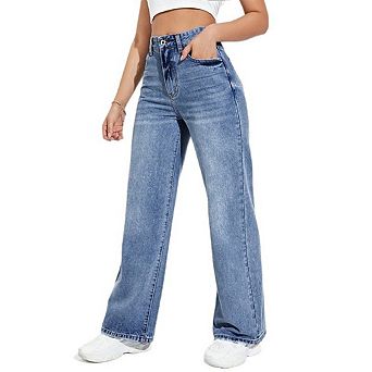 Women's Adjustable High Waist Baggy Jeans with Snap Button Waistband Wide Straight Leg Jeans