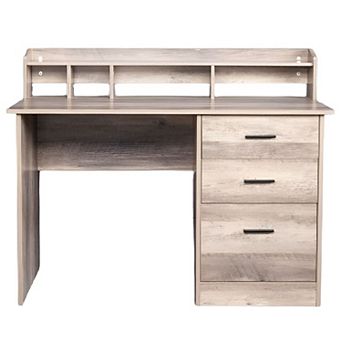 Computer Desk with Oversized Desktop, Drawers, and Storage Shelves - Grey