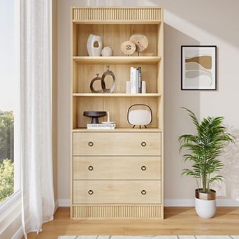 70.8" Fluted Bookcase: 6 tier Waved Design Shelf with Drawers for Home Office