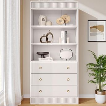 70.8" Fluted Bookcase: 6 tier Waved Design Shelf with Drawers for Home Office