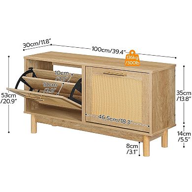2 Drawer Storage Bench with Rattan Accents, Shoe Organizer and Seating for Entryway or Bedroom