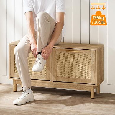 2 Drawer Storage Bench with Rattan Accents, Shoe Organizer and Seating for Entryway or Bedroom