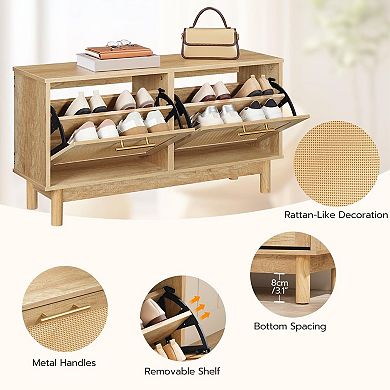 2 Drawer Storage Bench with Rattan Accents, Shoe Organizer and Seating for Entryway or Bedroom