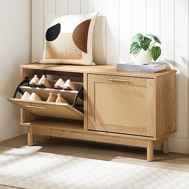 2 Drawer Storage Bench with Rattan Accents, Shoe Organizer and Seating for Entryway or Bedroom