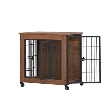 Heavy Duty 27-Inch Wood And Metal Dog Crate End Table With Wheels For Small To Medium Dogs