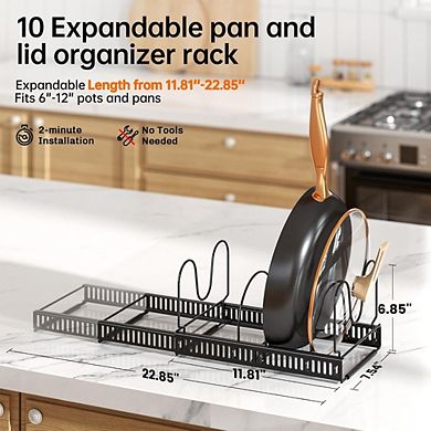 Great Ambitions Expandable Under-Cabinet Pot Lid Organizer, 10-Slot Rack for Pans & Cutting Boards