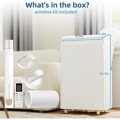 12000 BTU Smart Portable Air Conditioner, Quiet Stand-Alone Unit with Remote Control