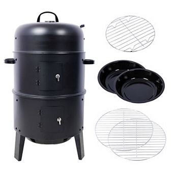 3-in-1 Charcoal Smoker Grill and Fire Pit with Thermometer, Dual Grates for Patio Camping