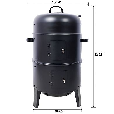 3-in-1 Charcoal Smoker Grill and Fire Pit with Thermometer, Dual Grates for Patio Camping