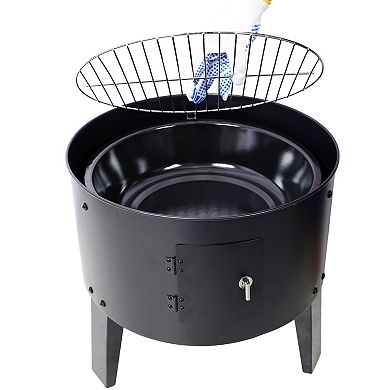 3-in-1 Charcoal Smoker Grill and Fire Pit with Thermometer, Dual Grates for Patio Camping