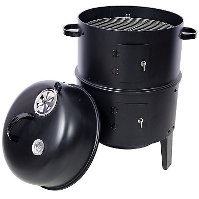 3-in-1 Charcoal Smoker Grill and Fire Pit with Thermometer, Dual Grates for Patio Camping