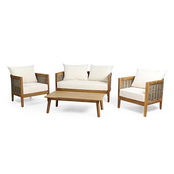 Outdoor Acacia Wood and Wicker 4 Seater Chat Set Teak Accents, Beige Cushions