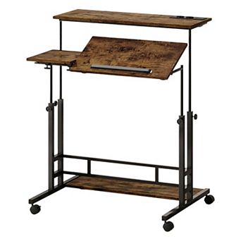 Rolling Computer Desk with Adjustable Height and Tilting Top, Mobile Desk with Charging Ports