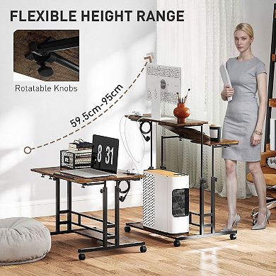 Rolling Computer Desk with Adjustable Height and Tilting Top, Mobile Desk with Charging Ports