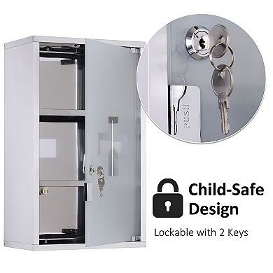 Locking Wall Mount Medicine Cabinet, Stainless Steel with Glass Door and Key Lock