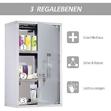 Locking Wall Mount Medicine Cabinet, Stainless Steel with Glass Door and Key Lock