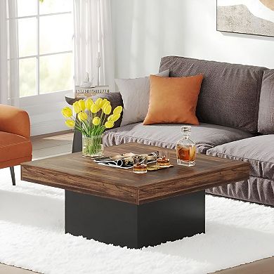 Farmhouse Coffee Table with Adjustable LED Light, 35 inch Rustic Brown Table