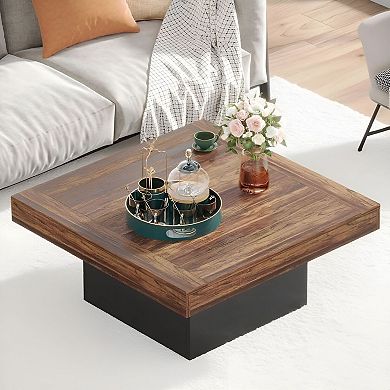 Farmhouse Coffee Table with Adjustable LED Light, 35 inch Rustic Brown Table