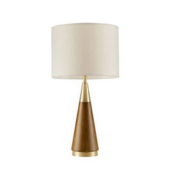 Gold Wood Triangular Table Lamp with Cotton Shade