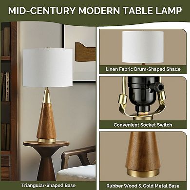 Gold Wood Triangular Table Lamp with Cotton Shade