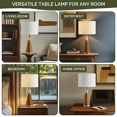 Gold Wood Triangular Table Lamp with Cotton Shade