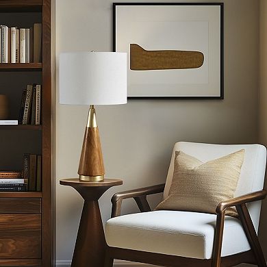 Gold Wood Triangular Table Lamp with Cotton Shade