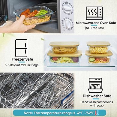 Great Ambitions 4-Pack Glass Food Storage Containers, Lids, Microwave/Oven/Dishwasher Safe