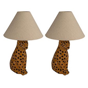 Hello Honey Ceramic Cheetah Table Lamp with Linen Shade, Yellow and Black, Set of 2