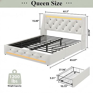 Lufeiya Queen Upholstered Bed Frame with Wingback Diamond Headboard, Charging Station and LED