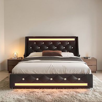 Lufeiya Queen Upholstered Bed Frame with Wingback Diamond Headboard, Charging Station and LED