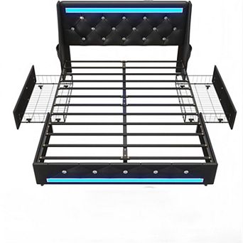 Lufeiya Queen Upholstered Bed Frame with Wingback Diamond Headboard, Charging Station and LED