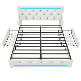 Lufeiya Queen Upholstered Bed Frame with Wingback Diamond Headboard, Charging Station and LED