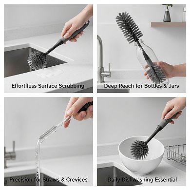 4 Pack Dish Brush Set with Non-Slip Long Handle for Kitchen Dishes Bottles Pots Cleaning Black