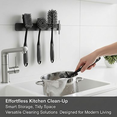 4 Pack Dish Brush Set with Non-Slip Long Handle for Kitchen Dishes Bottles Pots Cleaning Black