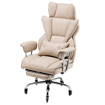 Khaki PU Leather Reclining Executive Office Chair with Footrest and Lumbar Support